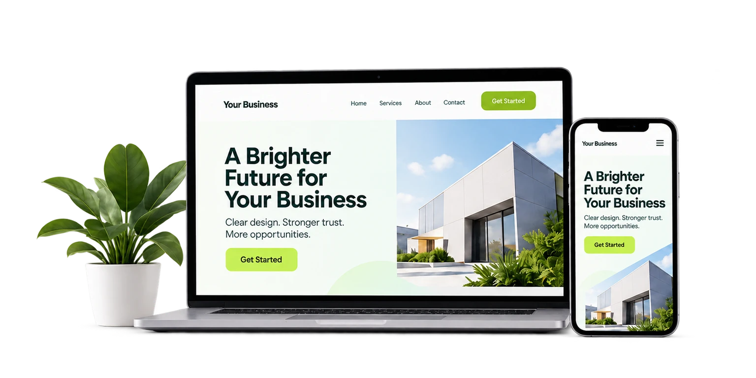 A modern business website displayed on a laptop and phone beside a green plant